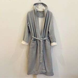 LL Bean Bath Robe Small Gray Fleece Lined Hooded Heavyweight Belted Pockets Warm